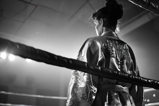 Una mujer en kimono de pie en un ring de boxeo