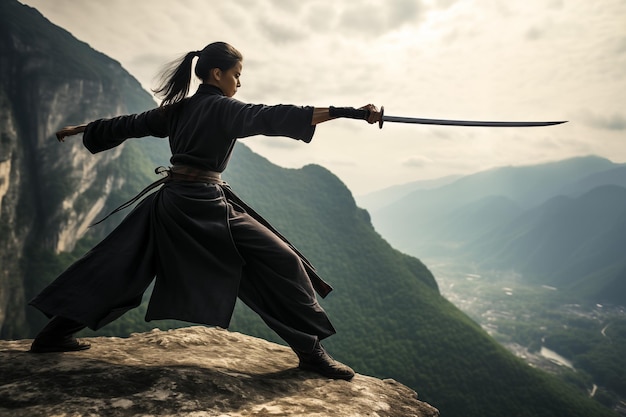 Mujer con kimono practicando con la espada en las montañas temprano en la mañana IA generativa