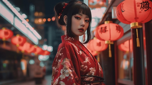 Una mujer con un kimono rojo se para frente a unas linternas rojas con la palabra rojo.