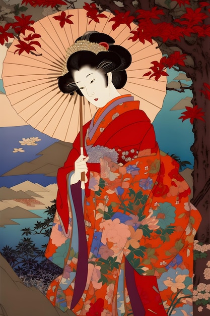 Una mujer con un kimono rojo y un paraguas rojo.