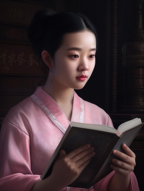 Una mujer con un kimono rosa lee un libro.