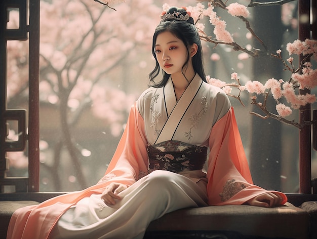 Una mujer con un kimono rosa se sienta en el alféizar de una ventana con un cerezo en flor al fondo.