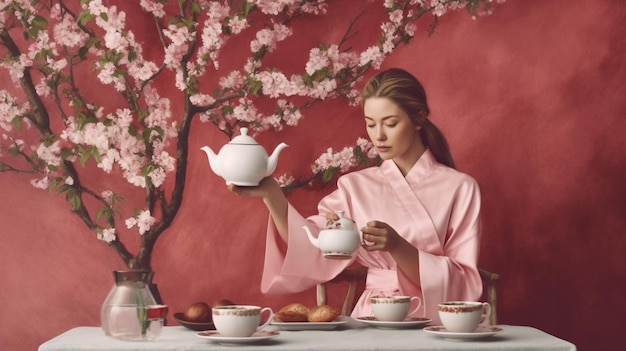 Una mujer con un kimono rosa sostiene una tetera y bebe té.