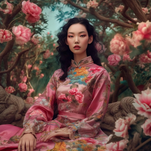 una mujer con un kimono se sienta frente a un árbol con flores