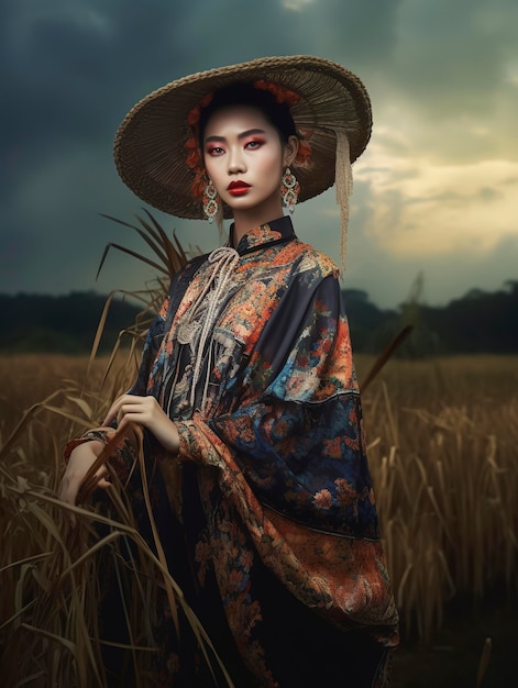 Una mujer con kimono y sombrero se encuentra en un campo de trigo.