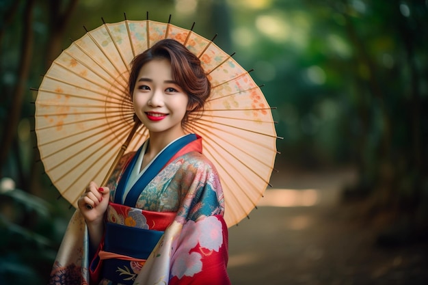 Una mujer en un kimono con una sombrilla.