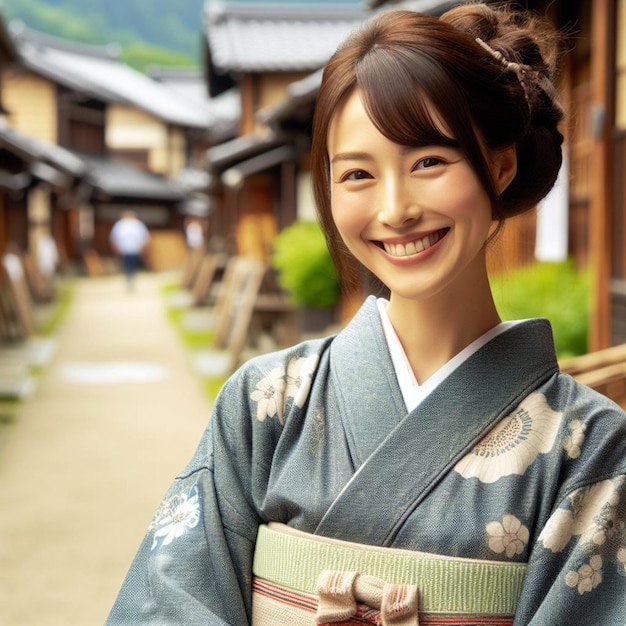 Foto una mujer en kimono sonríe a la cámara