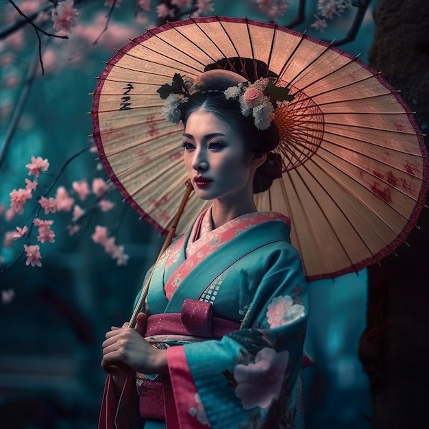 Una mujer con un kimono sosteniendo un paraguas con flores.