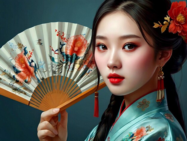 una mujer en kimono sostiene un abanico que tiene la palabra geisha en él