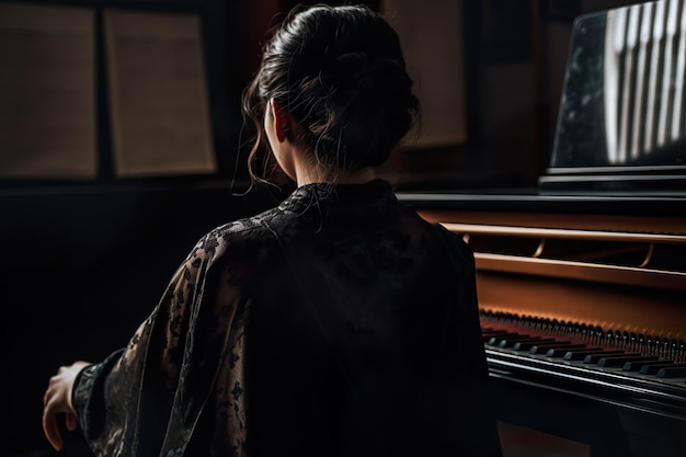 Una mujer con kimono toca el piano en una habitación oscura.