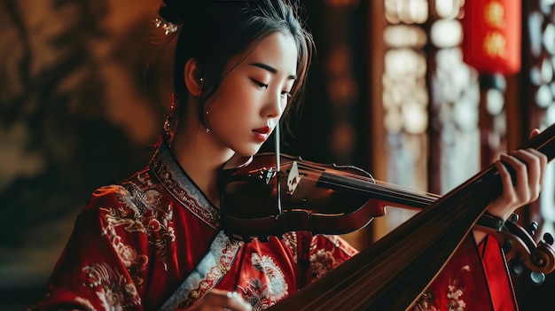 Foto mujer en kimono tocando el ukelele en el jardín japonés año nuevo chino