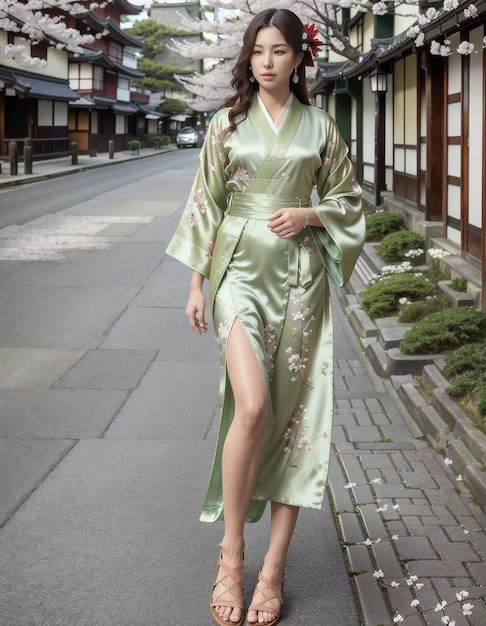 Una mujer con un kimono verde caminando por una calle en Japón.