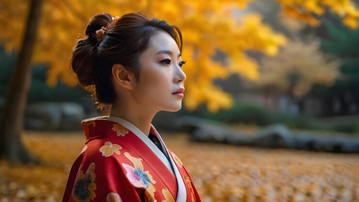 una mujer en un kimono con un vestido de estilo japonés en él