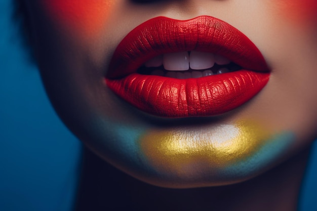 Una mujer con un labio rojo brillante y un anillo de oro en los labios.