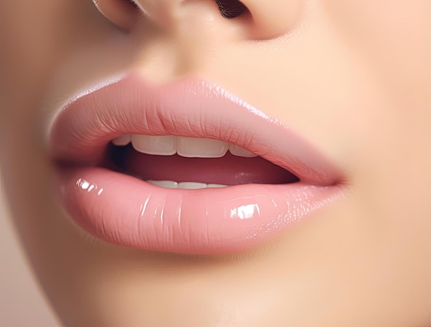 Una mujer con labios abiertos muestra una imagen atractiva al estilo de rosa claro y beige.