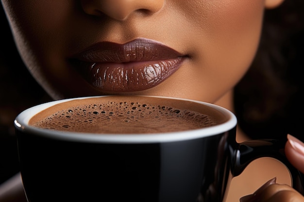 Mujer con labios de café de cerca Chica con taza de café en la mano Mujer bebiendo café o capuchino