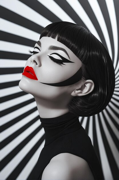 Una mujer con labios negros y rojos y un fondo blanco y negro