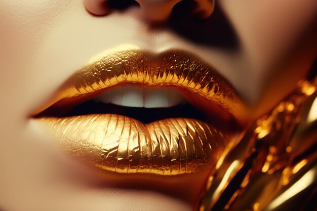 Una mujer con labios de oro y un anillo de oro en los labios.