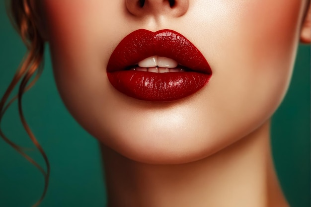 Una mujer con labios rojos y cabello largo