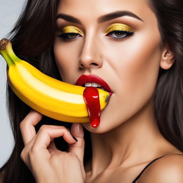 Mujer con labios rojos comiendo plátano