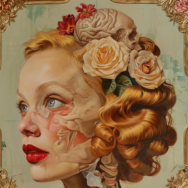 una mujer con labios rojos y una flor en el cabello