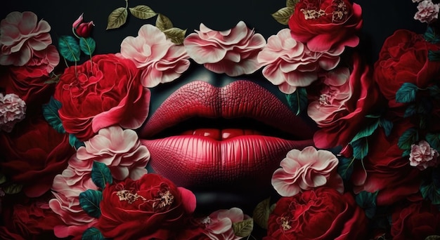 Una mujer con labios rojos y flores en la cara.