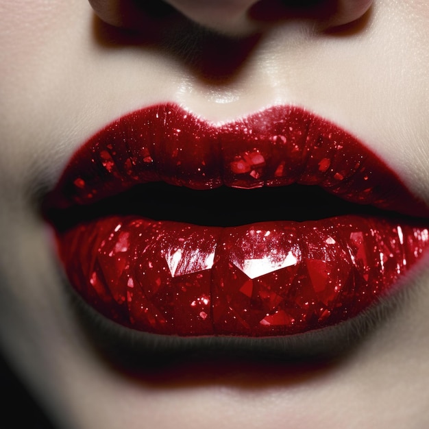 Una mujer con labios rojos y labios brillantes.