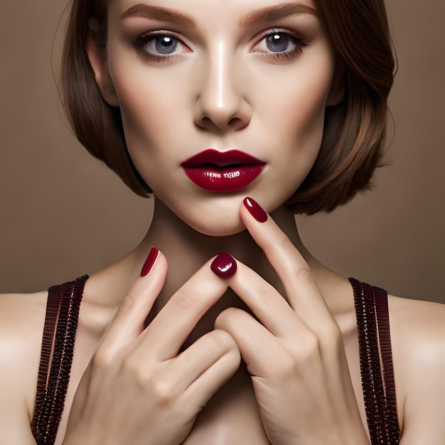 Una mujer con labios rojos y lápiz labial rojo.