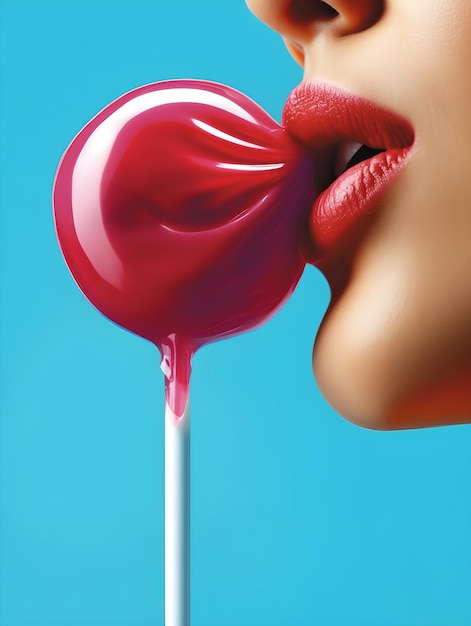 Una mujer con labios rojos mordiendo una piruleta
