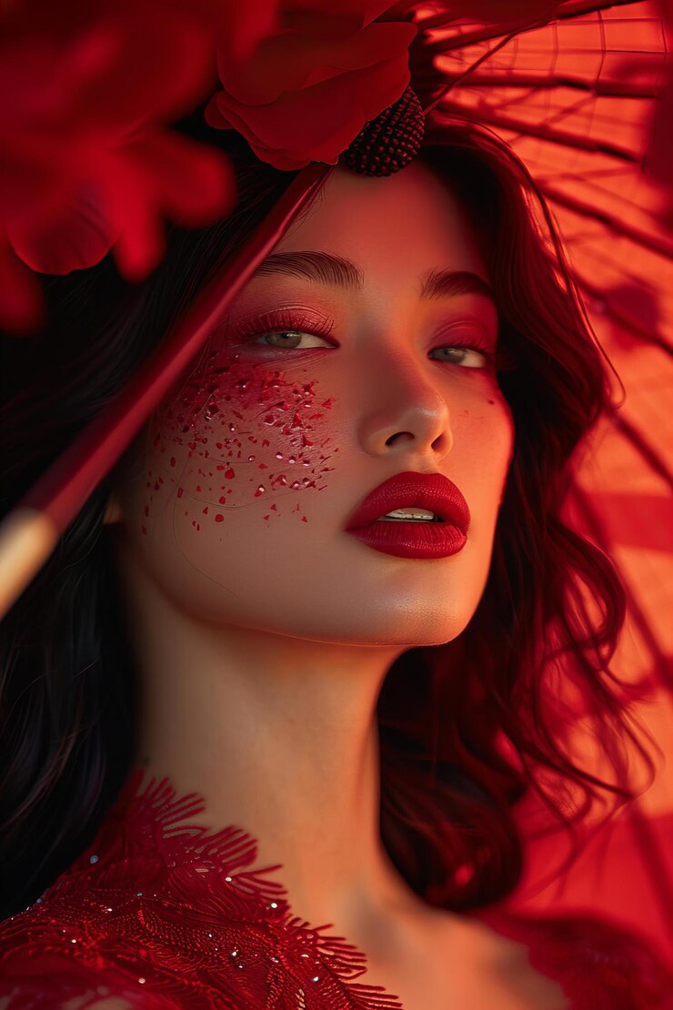 una mujer con labios rojos y un paraguas rojo con una flor roja en el fondo