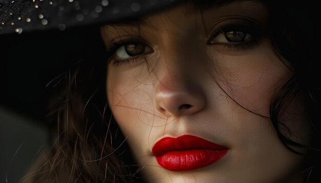 Una mujer con labios rojos y un sombrero negro