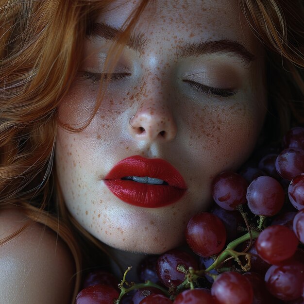 Mujer con labios rojos sosteniendo un racimo de uvas cerca de su cara gotas de agua en las uvas añaden frescura