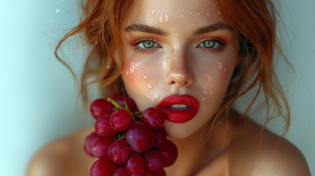 Mujer con labios rojos sosteniendo un racimo de uvas cerca de su cara gotas de agua en las uvas añaden frescura