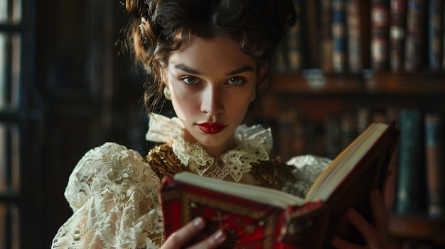 una mujer con labios rojos sostiene un libro