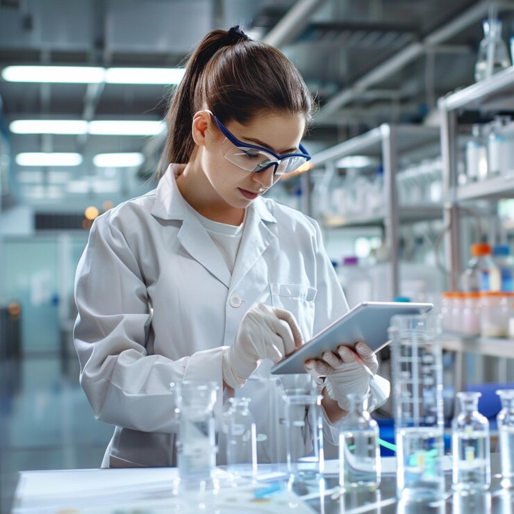 una mujer en un laboratorio con una tableta digital en el medio de ella