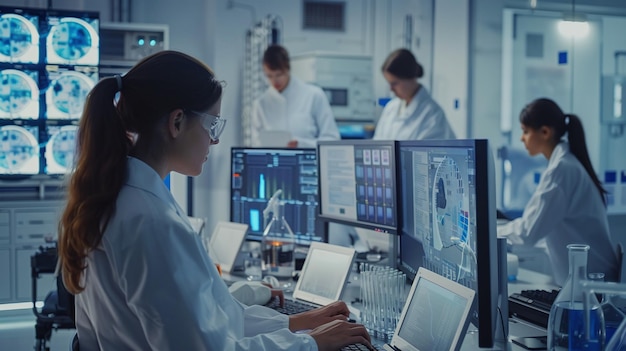 una mujer en un laboratorio con tres monitores y uno de ellos tiene una luz azul en él