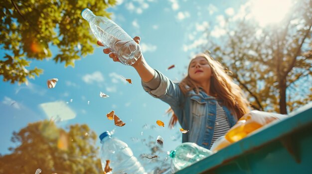 Una mujer lanza una botella de plástico a un contenedor de basura Vista inferior de un contenedor De basura Reciclando y contaminando