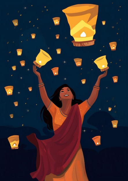 Una mujer lanza una linterna del cielo en celebración de Diwali