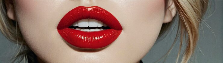Una mujer con lápiz labial rojo brillante colocado en sus labios