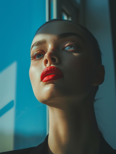 Mujer con lápiz labial rojo brillante mirando por la ventana