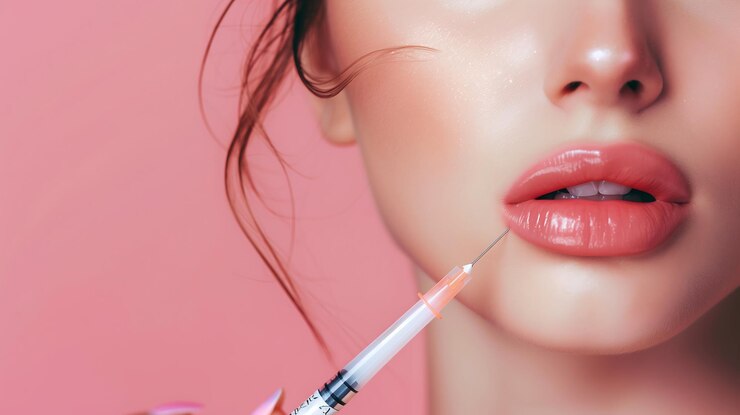 una mujer con un lápiz labial rojo está sosteniendo una jeringa