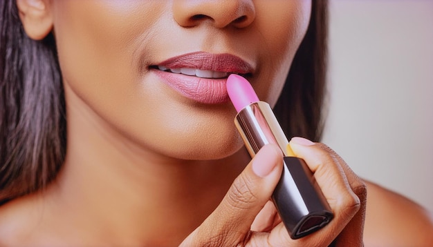una mujer con un lápiz labial rosa que dice "lápiz lipstick"
