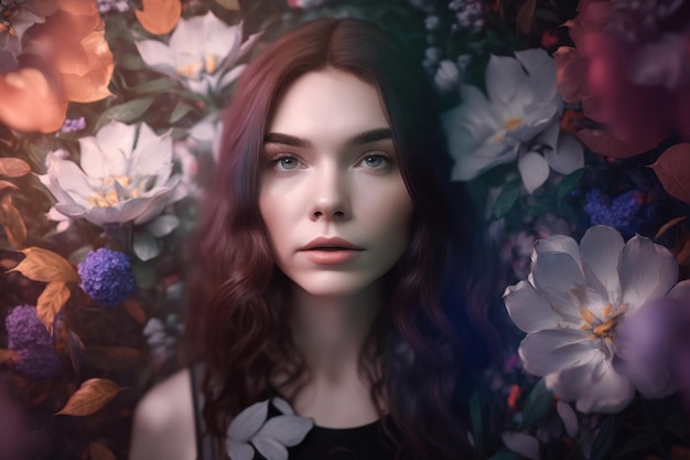 Una mujer de largo cabello castaño y vestido negro se para frente a un fondo floral.