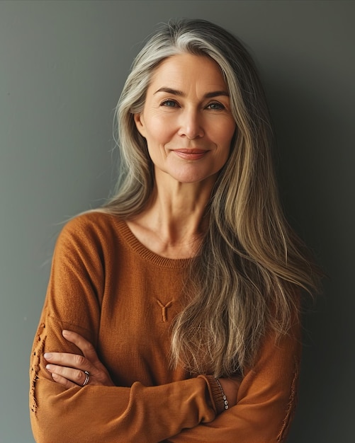 Una mujer con largo cabello gris y un suéter naranja parada frente a una pared gris