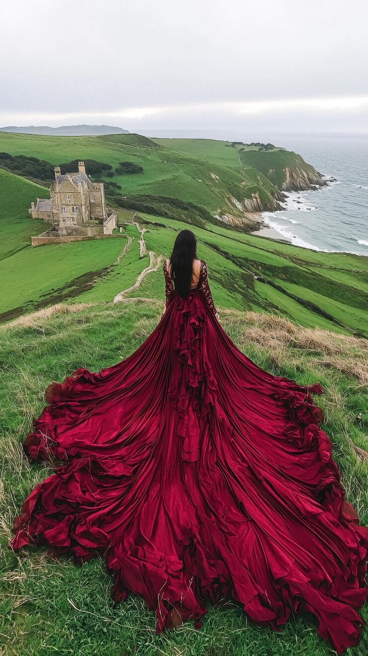 Una mujer con un largo vestido rojo está de pie en una colina cubierta de hierba con vistas al océano