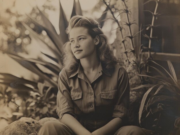 Foto mujer latina adolescente fotorrealista con ilustración vintage de cabello lacio rubio