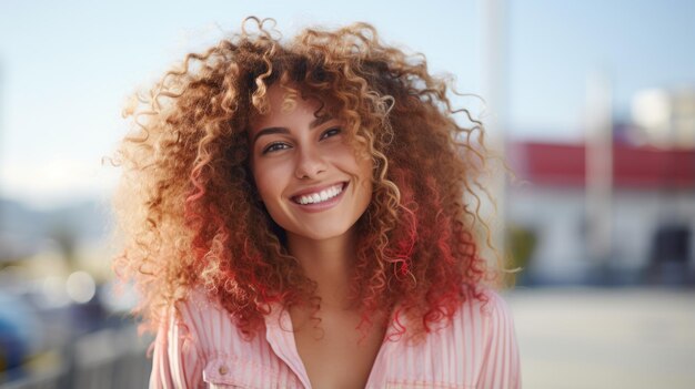 Mujer latina adulta sonriente con cabello rizado rosa Foto Retrato de una persona casual en la calle de la ciudad Ilustración horizontal fotorrealista generada por Ai