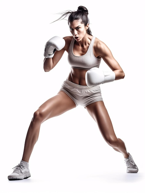 Mujer latina de ajuste deportivo durante el ejercicio de boxeo haciendo hit Boxer aislado sobre fondo blanco fuerza y motivación generativa Ai