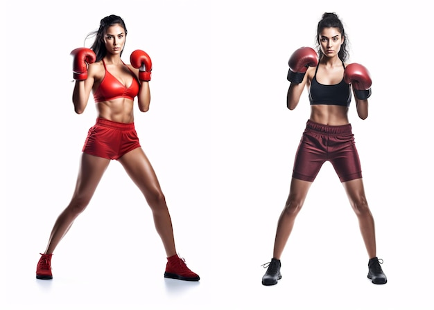 Mujer latina de ajuste deportivo durante el ejercicio de boxeo haciendo hit Boxer aislado sobre fondo blanco fuerza y motivación generativa Ai