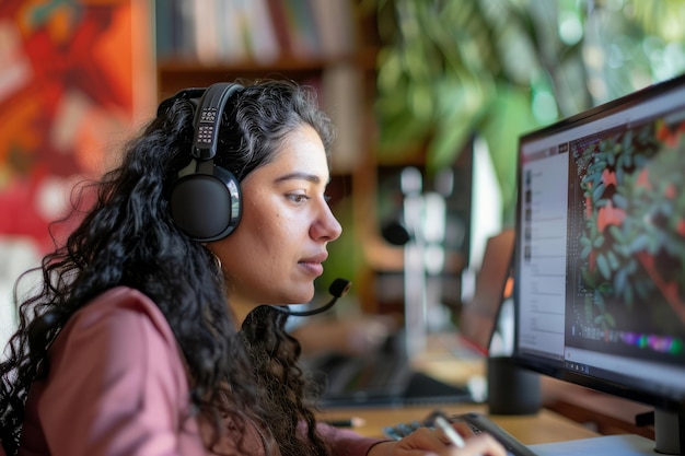 Foto una mujer latina con auriculares se centra en tomar notas durante una llamada de video que la muestra